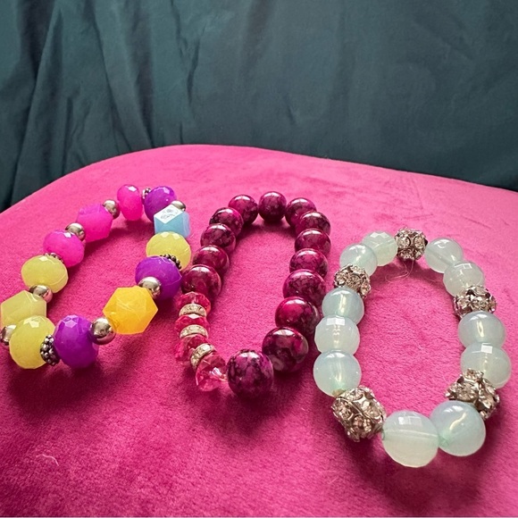 Handmade Beaded Bracelet Set of 3 Blue and Purple Stretch 0776 P - Picture 5 of 5